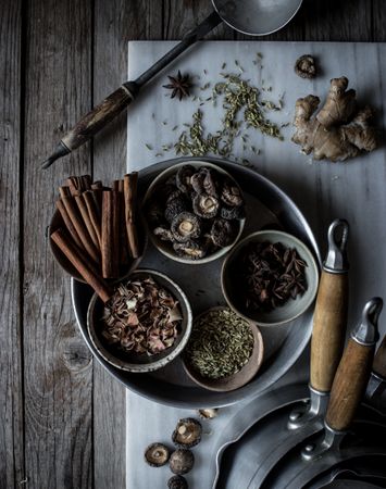 Spices and dry mushrooms on board
