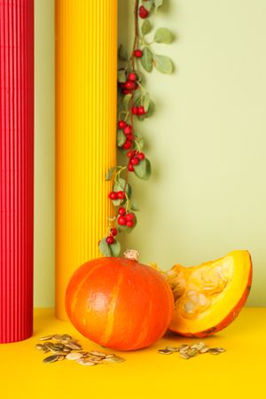 Cooking ingredients for fall season - pumpkin seeds, pumpkin