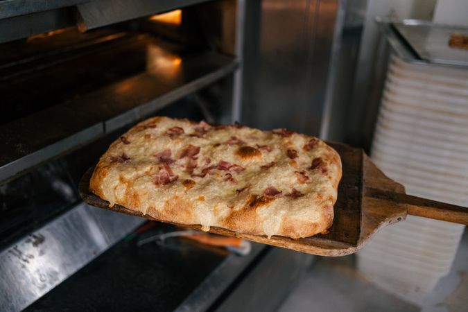 Freshly baked pizza in the oven