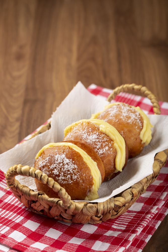 Berlin balls. Bread stuffed with icing cream.