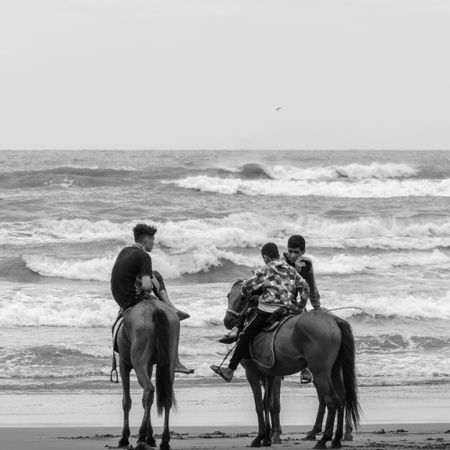 Grayscale photo of teenage boys riding horses on beach