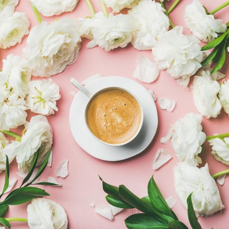 Spring flowers and morning latte over pink background