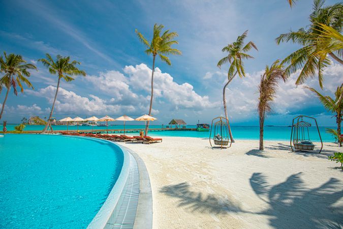 Pool near the ocean with palm trees, reclining chairs and hanging chairs, landscape