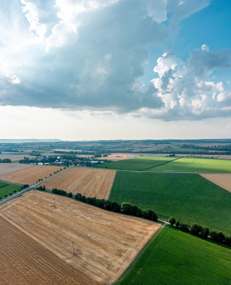 Drone panorama image with agricultural fields in the german rural area
