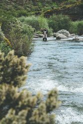 Confident man fishing with rod while standing in river stream