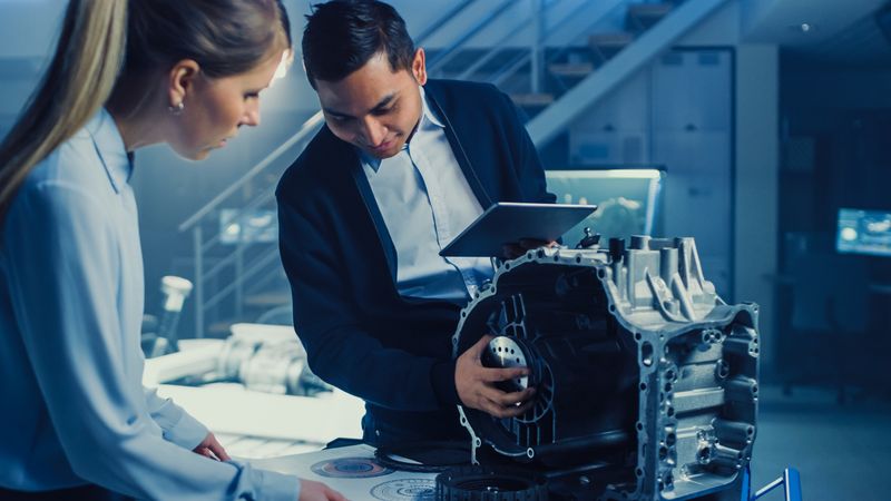 Development Laboratory Room with Professional Automotive Design Engineer Working on a Electric Car Gear Transmission.