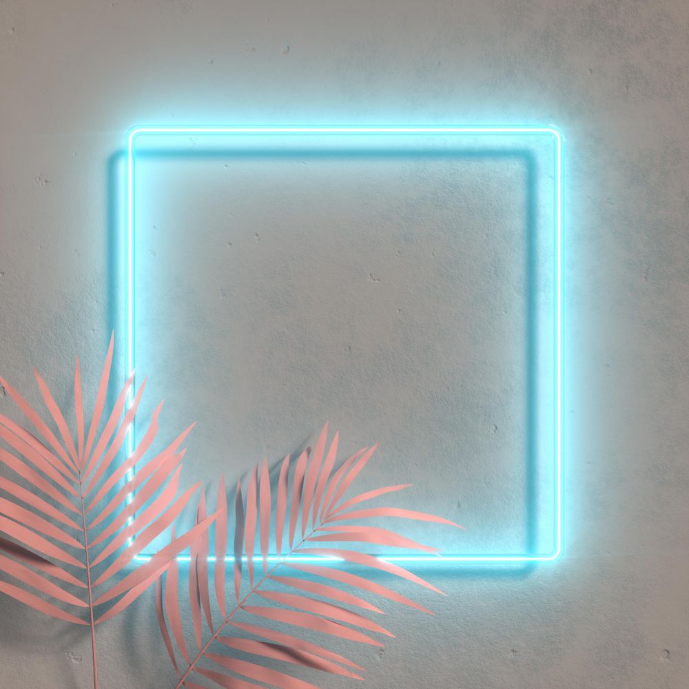 Fluorescent blue square frame with tropical leaves