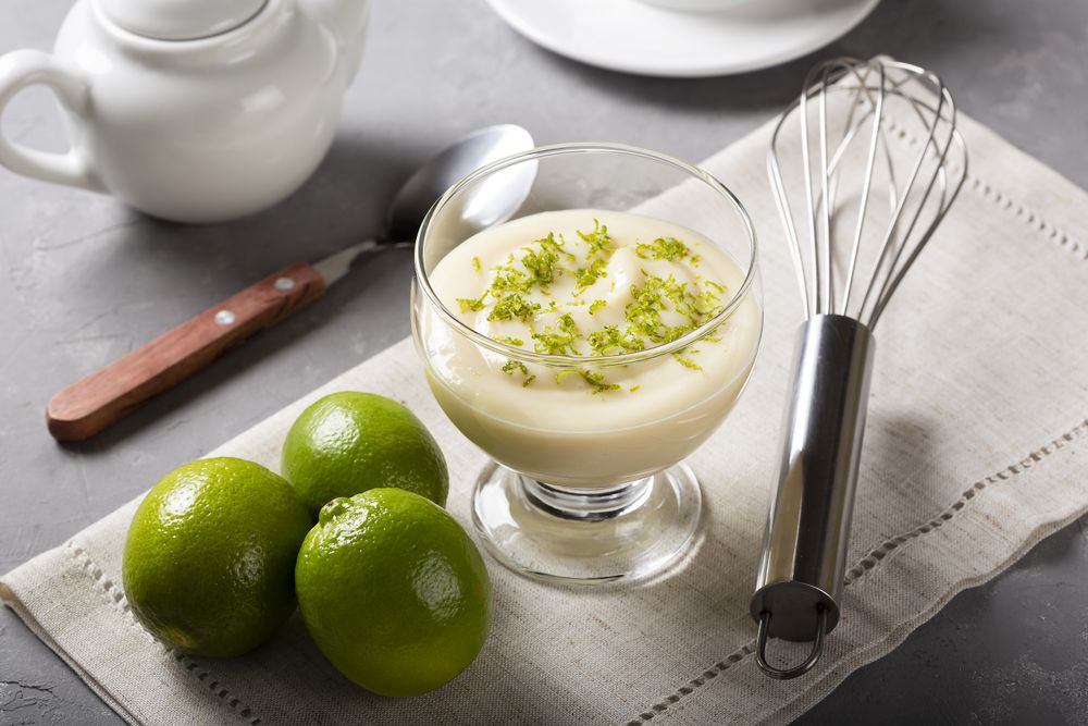 Lemon mousse with lemon zest on top.