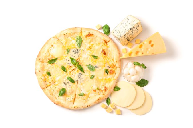 Tasty cheese pizza and ingredients isolated on plain background, top view