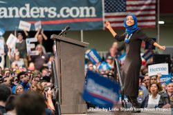 St. Paul, Minnesota USA - March 2nd, 2020: Ilhan Omar dances at Bernie Sanders rally 4jQz85