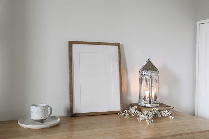 Wooden picture frame, poster mockup.