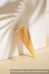 Ice cream cone standing against the wall making shadow bxyZn0