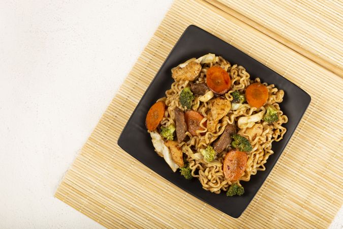 Yakisoba noodles. Yakisoba dish with meat, chicken and vegetables.