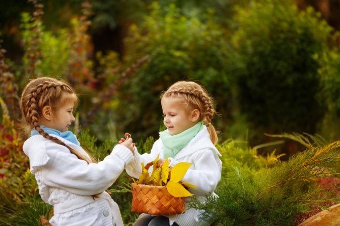 Two young blonde girls holding autumn leaves