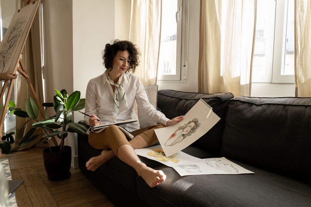 Woman drawing on papers on sofa in room