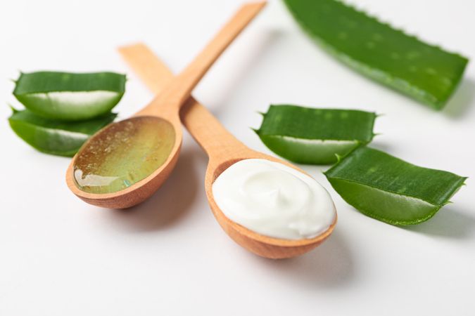Composition with natural treatment accessories on plain background, space for text and closeup. Aloe vera