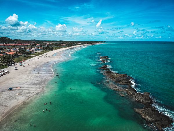 Clear water of beach in Brazil, aerial shot