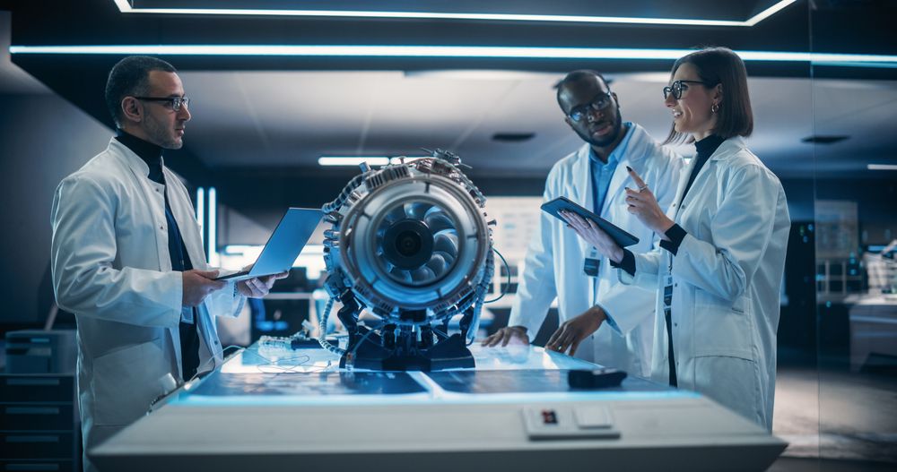 Group Of Diverse Multiethnic Team of Industrial Engineers Gathered Around Table With an Innovative Turbine Engine.
