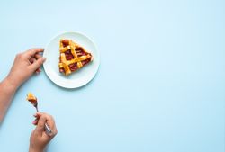 Woman served a piece of rhubarb pie