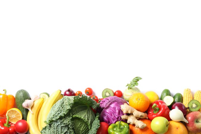 Composition with fresh vegetables and fruits isolated on blank background