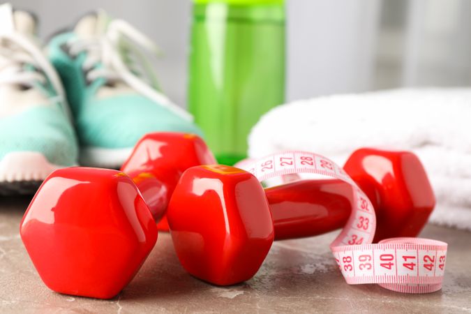 Loss weight accessories on grey table, close up