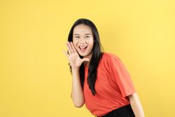 Expression Asian Young Female Woman with Open Mouth Raising Hand Screaming Announcement Good News and Promotions