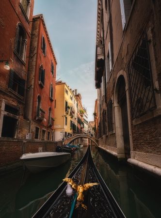Golden bird gondola floating between colored houses