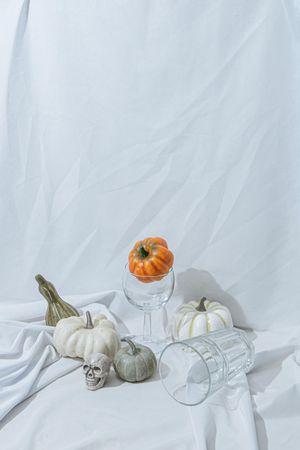 Retro styled still life arrangement with pumpkins and glasses