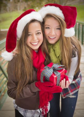 Two Smiling Females In Santa Hats Holding a Wrapped Gift