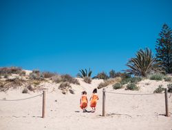 Cute twins girls playing on sandy beach