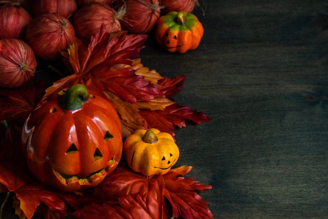 Pumpkin decorations with autumn leaves