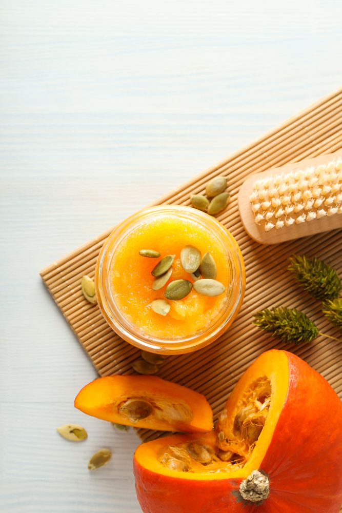 Concept of different cosmetic products, Pumpkin cosmetics, top view