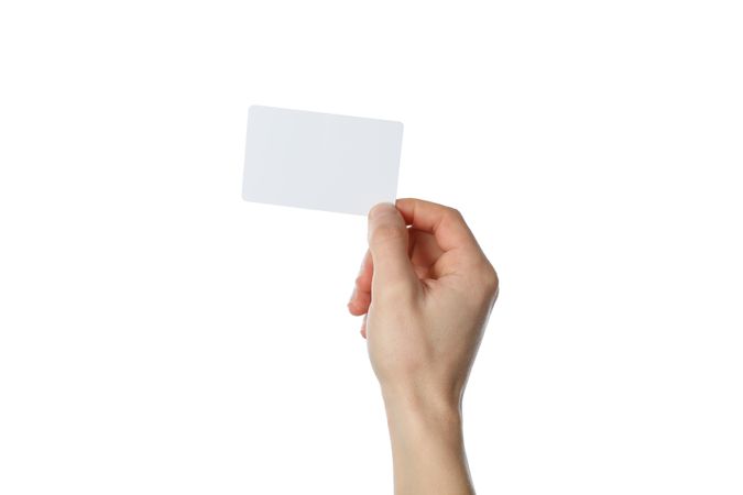 Male hand holding business card, isolated on blank background