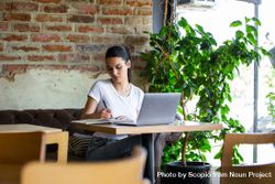 Woman working on her laptop and writing notes in a public place 4mkpX0