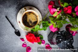 Coffee set with red roses and moka pot on concrete background with copy space bYqwkd