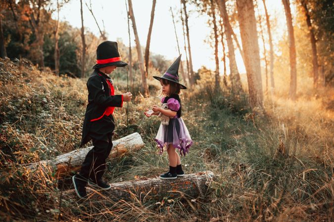 Brother and sister playing on log in the forest dressed in halloween costumes