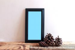 Rectangular long picture frame with blue interior mockup with pinecones 0JRmd0