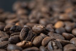 Macro low angle shot of roasted coffee beans piled together