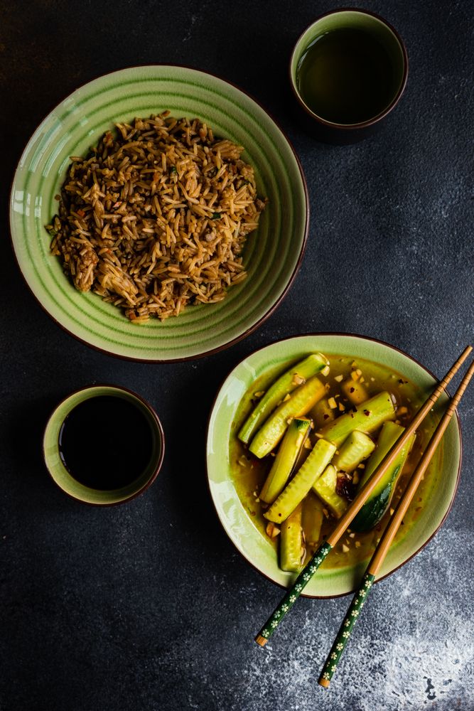 Traditional Chinese food with rice and meat
