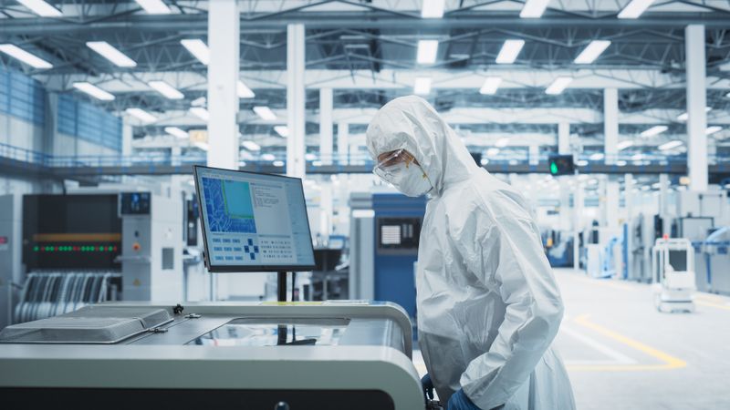 Scientist in hazmat protective suit working with computer in lab