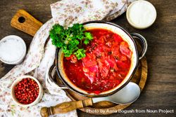 Top view of traditional red Ukrainian soup borscht 5zrz9P
