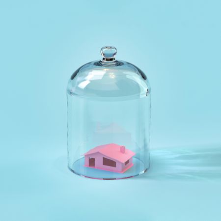 Pink house in bell jar glass