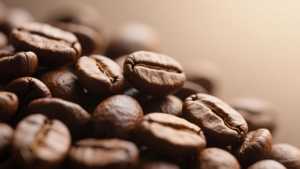 Extreme macro close up of deeply roasted coffee beans on a diagonal with bright copy space