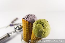 Mason jar with purple and green ice cream cones 5QZNX4