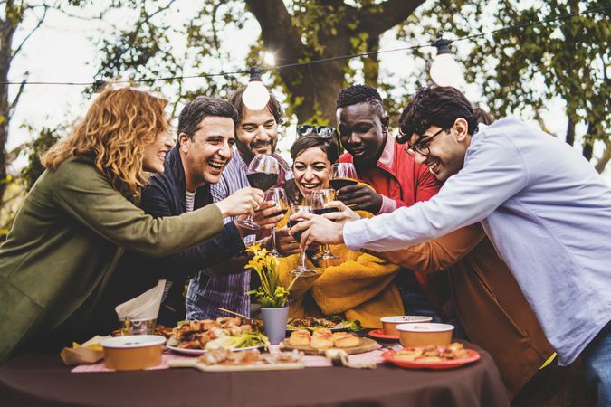 Company of cheerful friends having fun toasting picnic in countryside