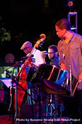 Los Angeles, CA, USA - July 12, 2012: Percussionists and double bassist playing on stage 4BJX34