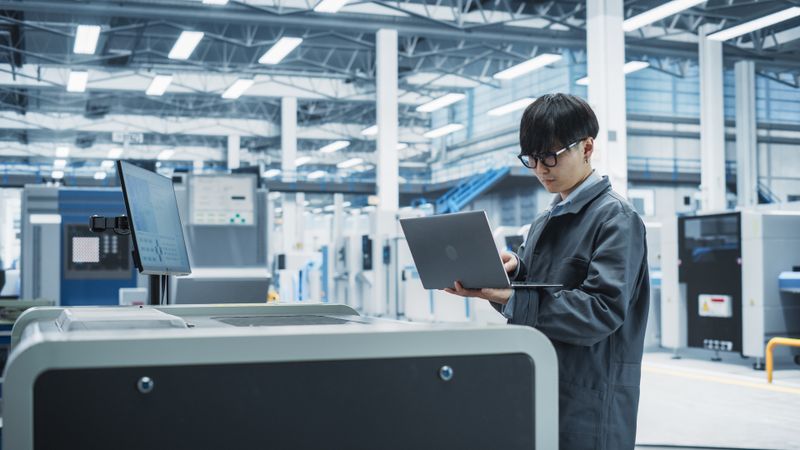 Asian man with laptop at electronics store check out