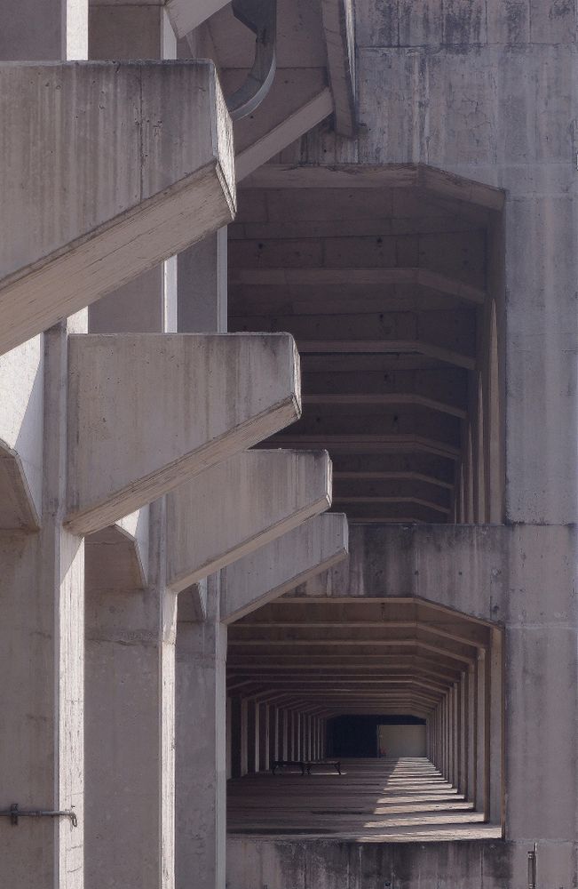 Gray concrete staircase in grayscale