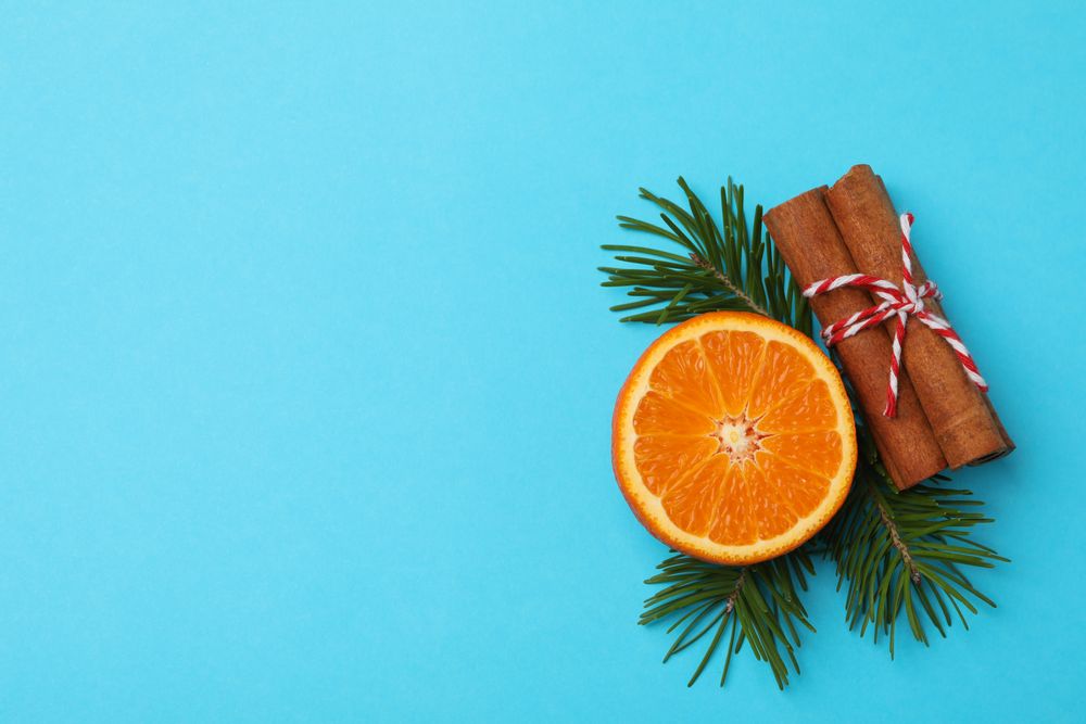 Mandarin, cinnamon and pine branch on blue background