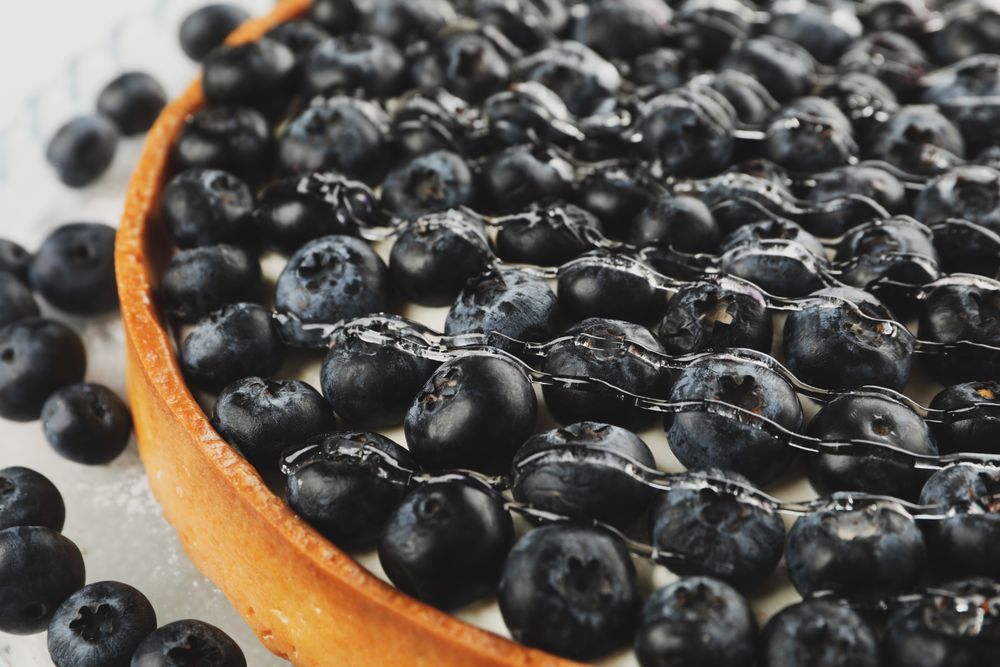 Tasty blueberry pie with syrup, close up